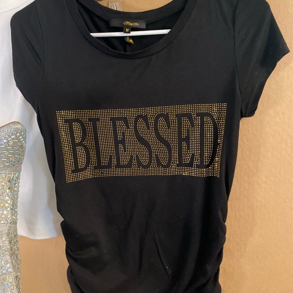 "BLESSED" Gold Rhinestone Short Sleeve Shirt, Black and Gold, Drawstring sides